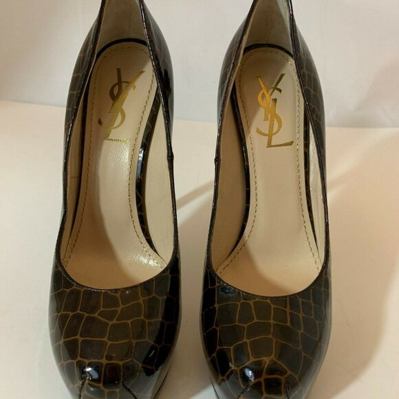 YSL SAINT LAURENT 59519 BROWN PATENT LEATHER CROC EMBOSSED TRIBTOO PUMPS - Picture 2 of 7